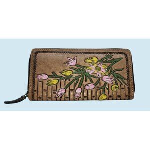 Myra Hand-Tooled Leather Zip-Around Wallet Floral Design Interior Card Compartme